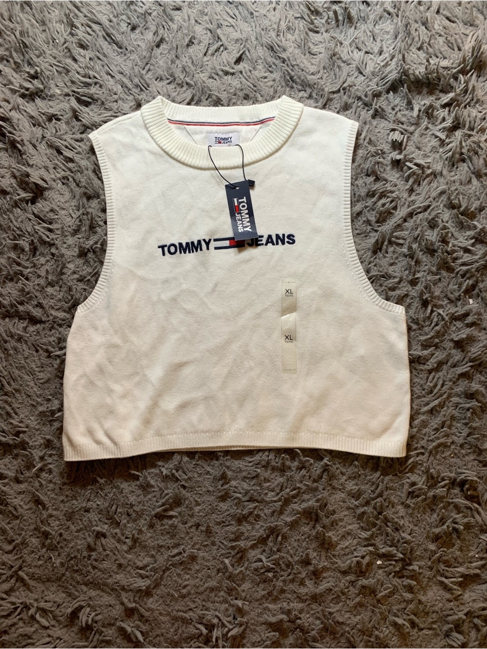 Tommy Jeans white cropped embroidered logo sweater vest sz XL